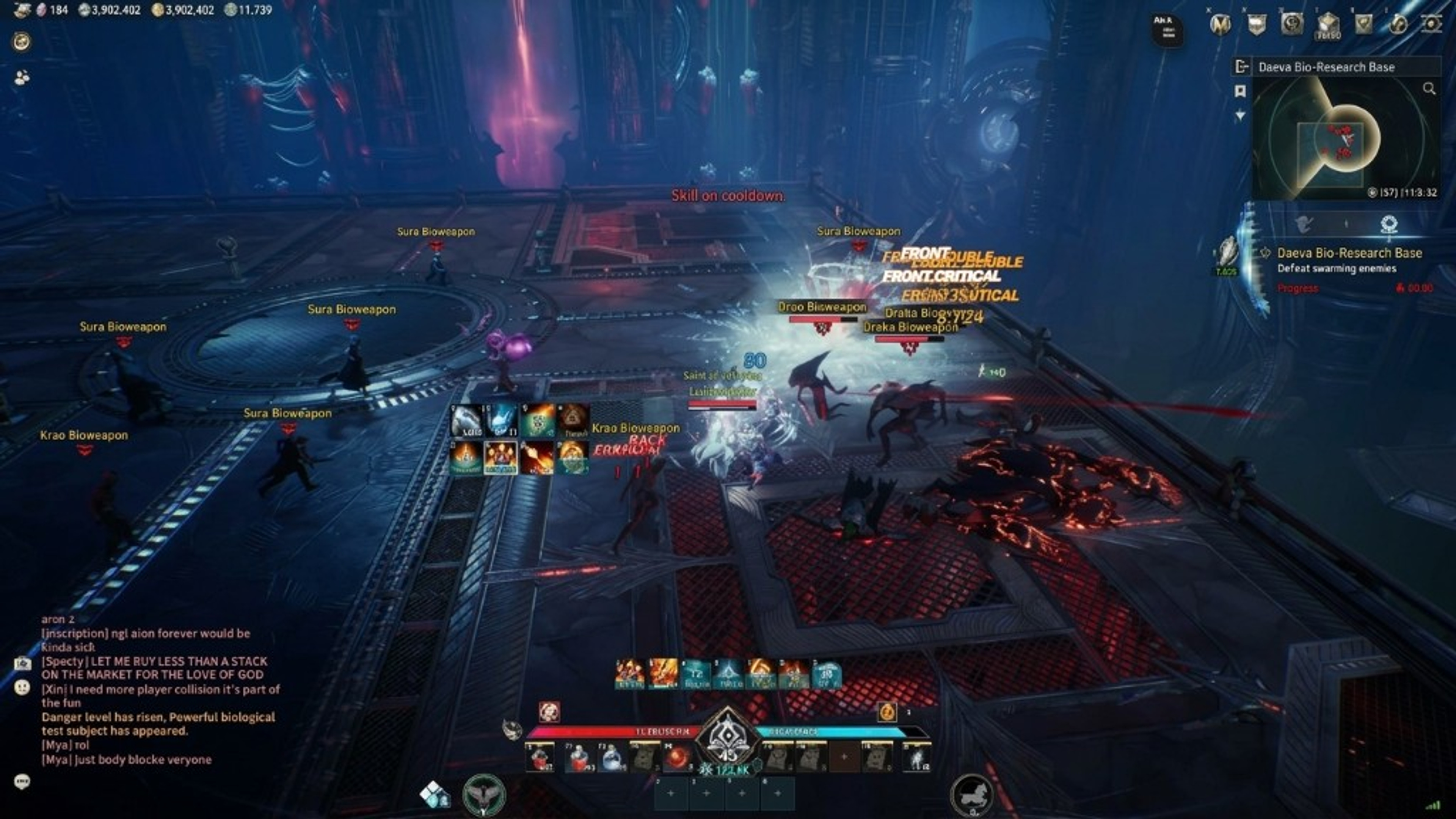 Aion 2 Daeva bio-research base with swarming enemies and cooldown skill readouts
