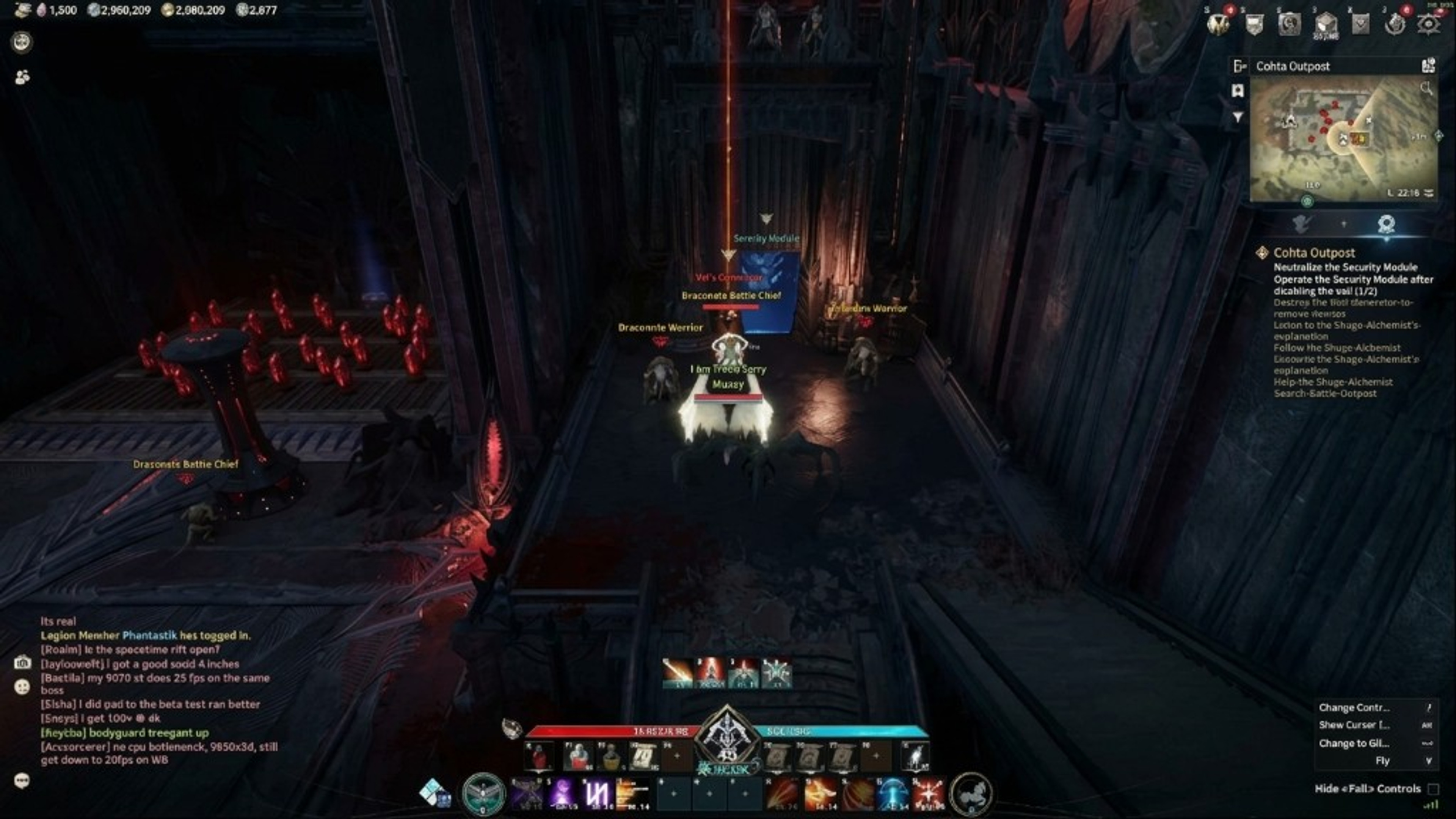 Aion 2 dark Cohto outpost corridor with security modules and named NPCs