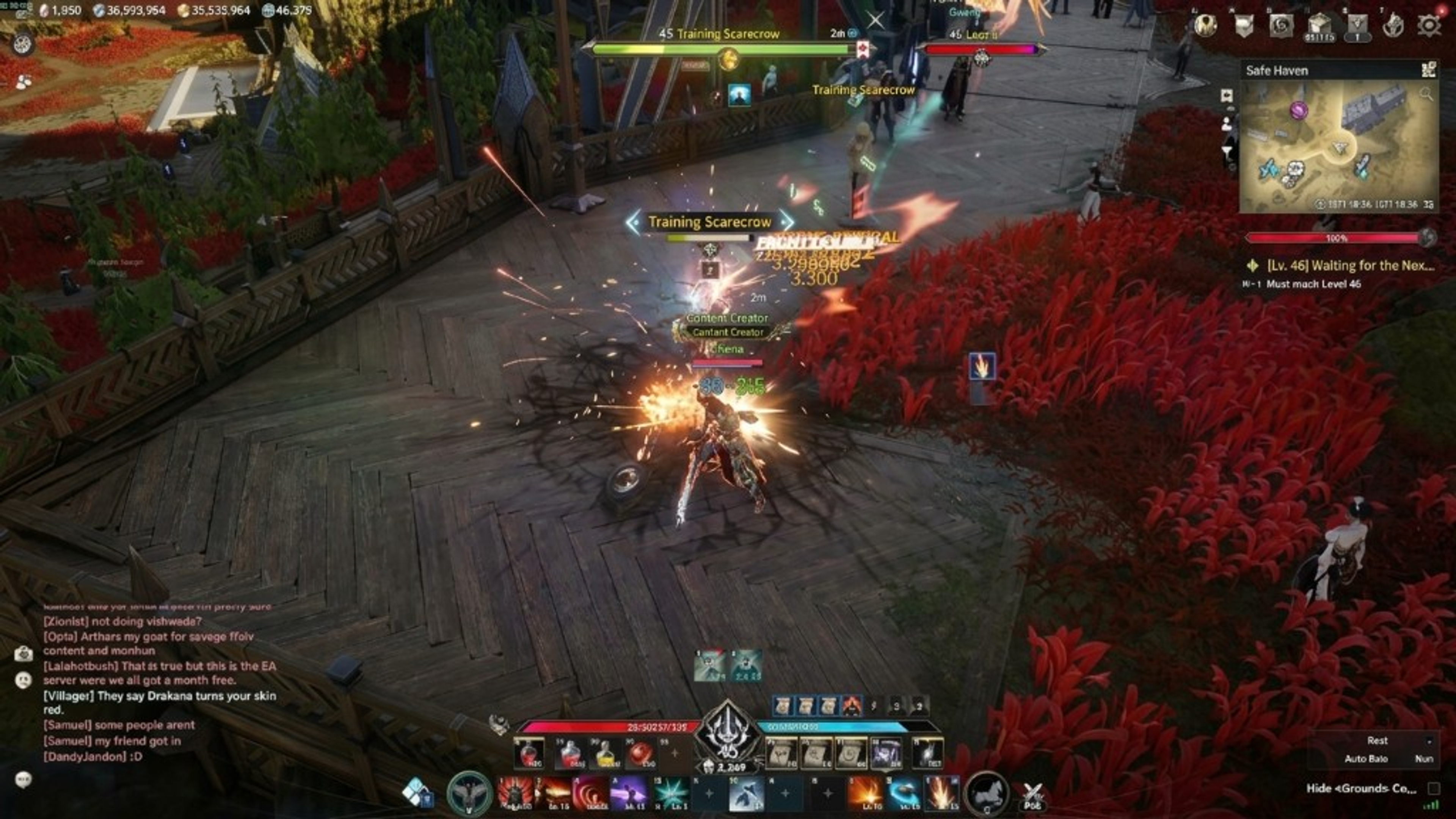 Aion 2 training scarecrow fight on a wooden plaza surrounded by red flowers